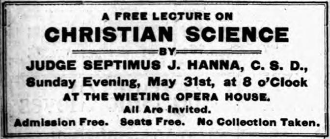 Early 1900s advertisement for a Christian Science lecture by Judge Septimus J. Hanna